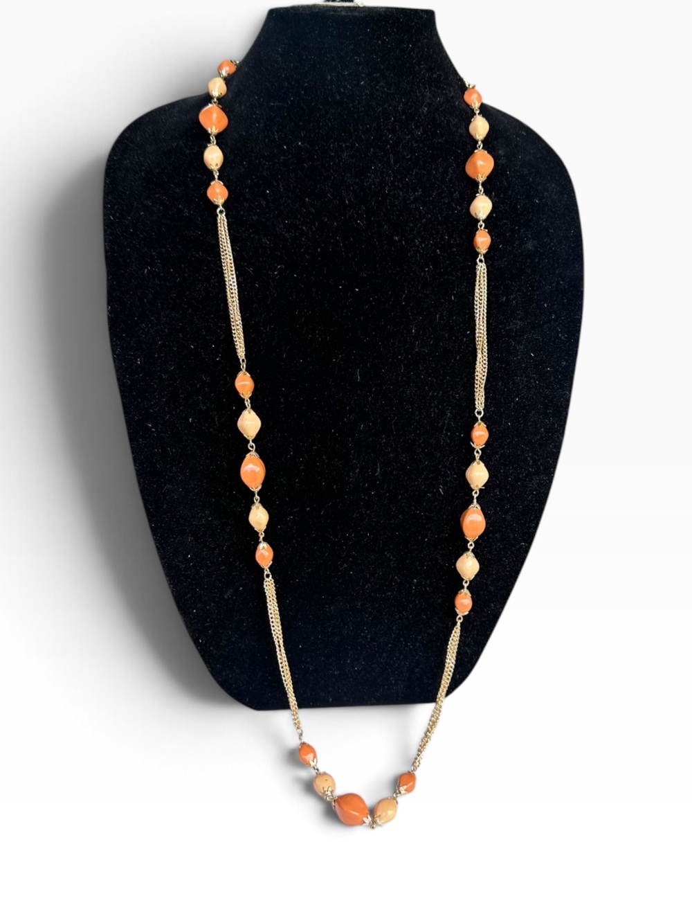 Vintage Mid-Century Multi-Strand Gold Chain Necklace Orange & Cream Marbled Bead